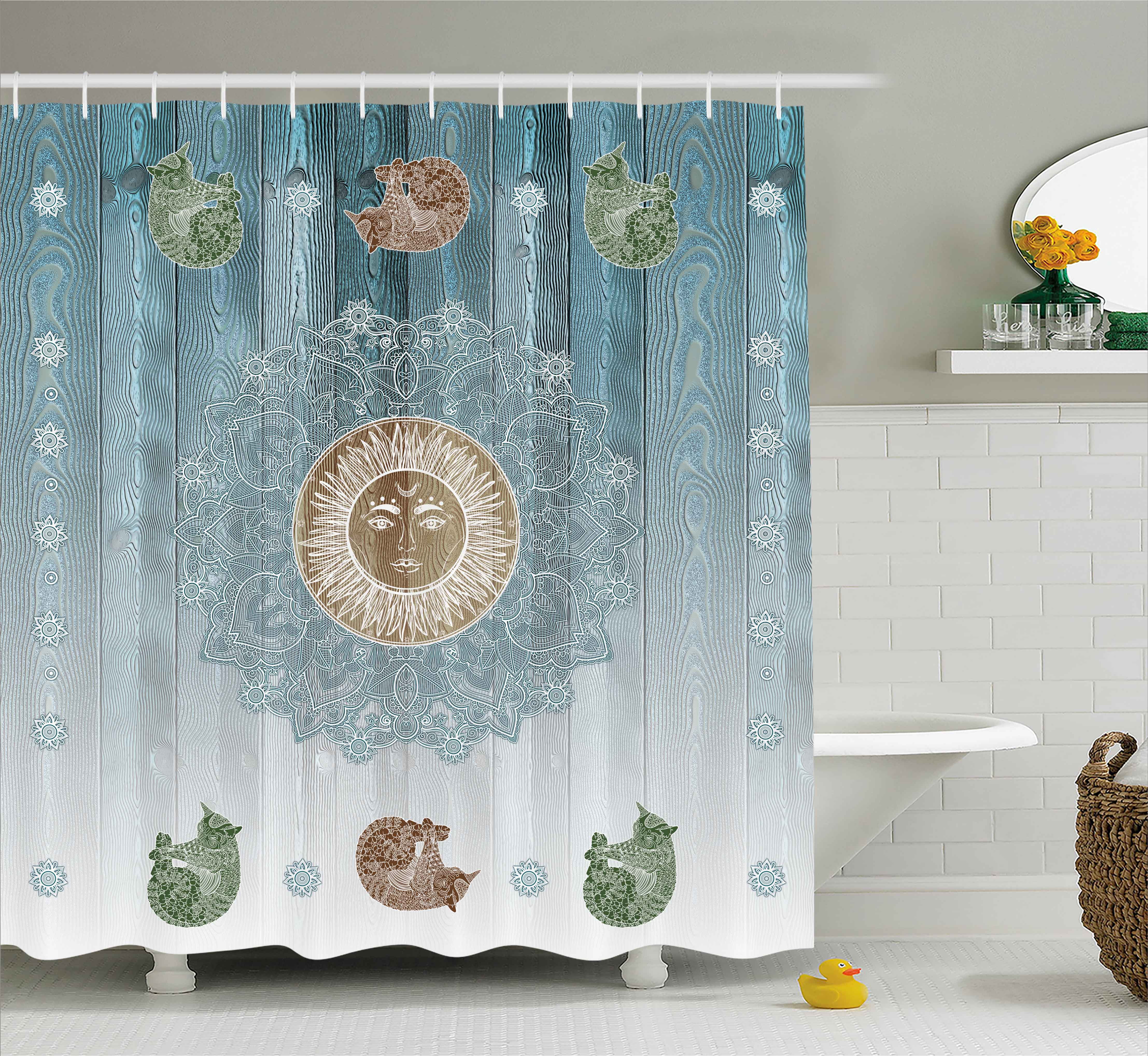 Hippie Shower Curtain Ancient Sun Figure With Cats Spiritual Sacred Hippie Shower Curtain Ancient Sun Figure With Cats Spiritual Sacred Belief Totem Boho Display Print Fabric Bathroom Set Hooks Teal Pale Grey