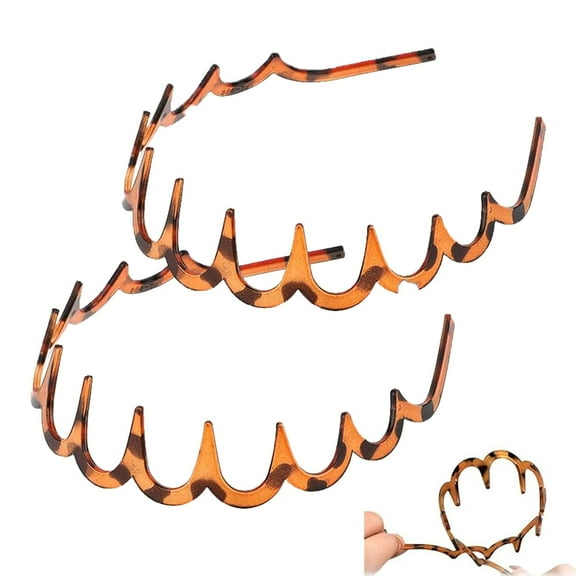 2 Pack Women's Shark Tooth Headbands, U Shape Plastic Hair Comb Band, Reversible Fluffy Wave Sawtooth Headband, Black and Amber (Black Amber)