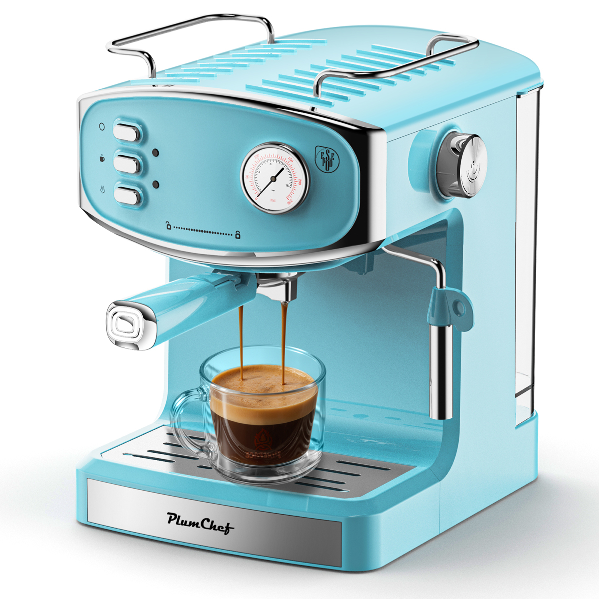 Plum Chef 20 Bar Compact Espresso Machine - Milk Frother Steam Wand Pressure Gauge & 54oz Water Tank (Low Noise)