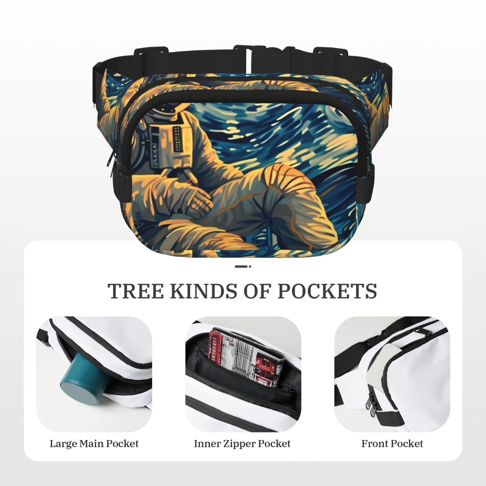 Fuzoiu Astronaut Starry Night Print Unisex Square Double Layer Waist Bag,Crossbody Fanny Pack Travel Workout Accessory