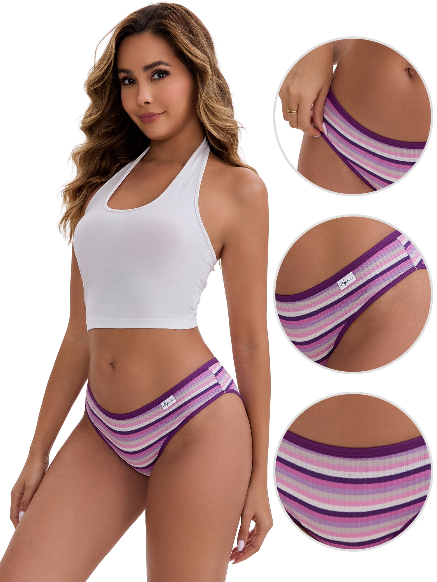 DARING DIVA Women's Colorful Striped Low-Waisted Double Layer Breathable Briefs L Purple