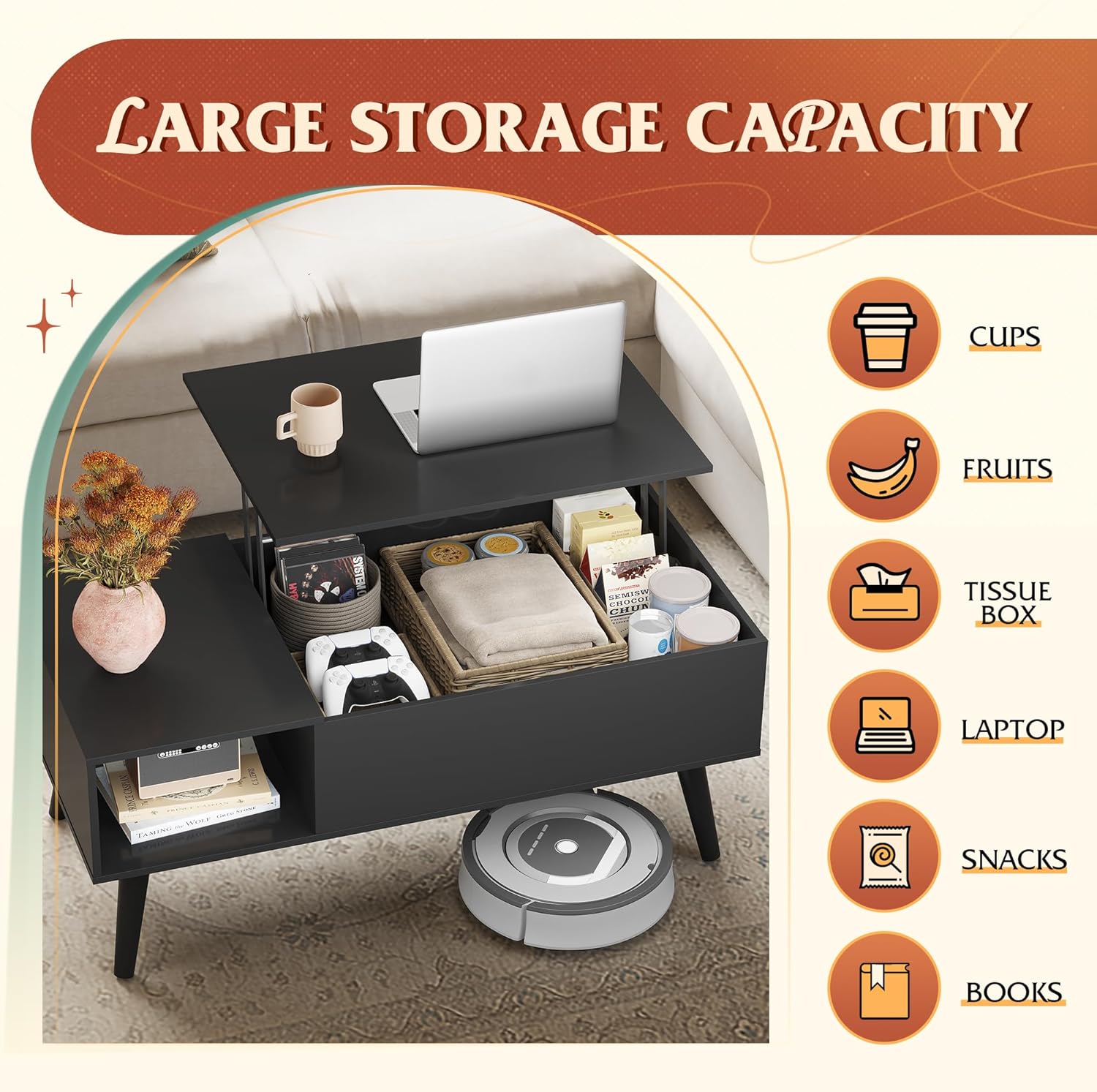 GALAXHERO Lift Top Coffee Table with Storage Small Living Room Table with Storage Shelf & Hidden Compartment Black
