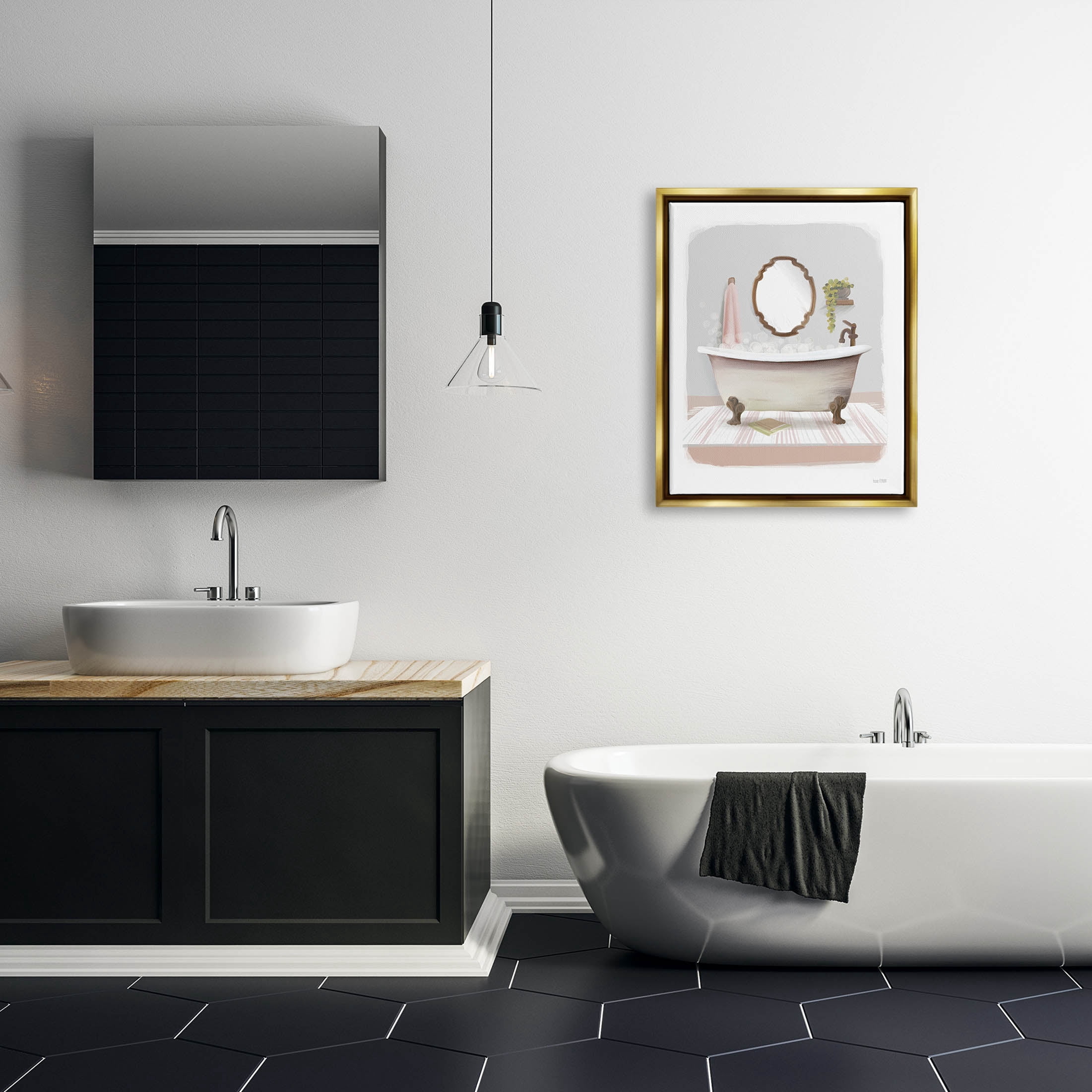 Stupell Industries Bubble Bath Tub Bathroom Graphic Art Metallic Gold Floating Framed Canvas Print Wall Art, Design by House Fenway