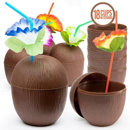 Prextex 18 Pack Coconut Cups for Hawaiian Luau Kids Party with Hibiscus Flower Straws - Tiki and Beach Theme Party Fun Drink or Decoration Cups