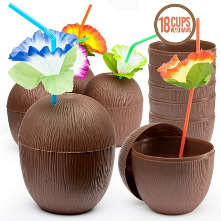 Prextex 18 Pack Coconut Cups for Hawaiian Luau Kids Party with Hibiscus Flower Straws - Tiki and Beach Theme Party Fun Drink or Decoration (Best Kids Party Food)