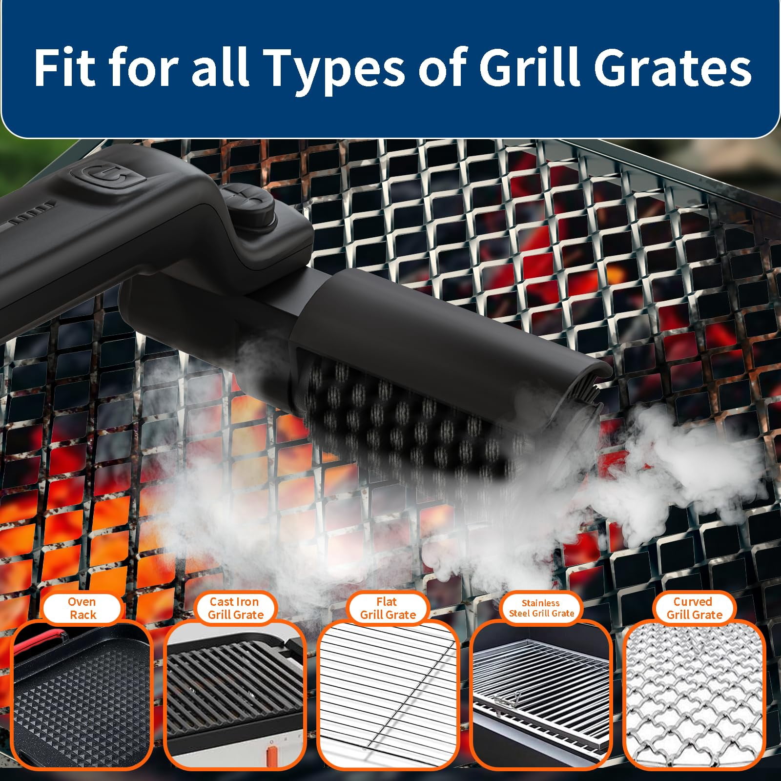 Zcvtbye Electric Grill Brush, 7-Angle Adjustable Head BBQ Grill Brush with 2 Replaceable Heads, 2600mAh Rechargeable Grill Cleaning Tool for Outdoor Grill Smoker Griddles