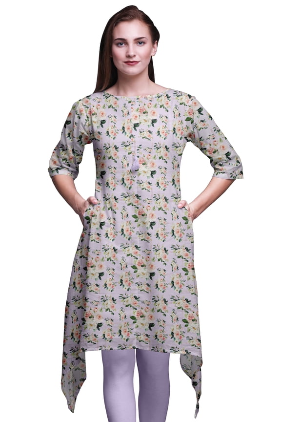 Purple Bunch & Roses Floral Asymmetric Kurta Indian Tunic Tops For Women Printed Indian Clothing Large