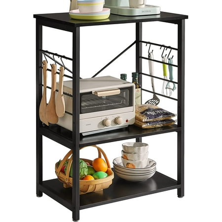 

Standing Baker s Racks 3-Tier Kitchen Microwave Oven Stand with Metal Frame and 6 Hooks Multifunctional Coffee Bar Table for Living Room Panel Height Adjustable Black