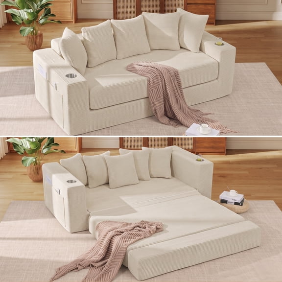 Lunale Convertible Sleeper Sofa Bed, Boneless Futon Cloud Couch, No Assembly Required, Pull Out Floor Couch Bed for Living Room, Beige Corduroy