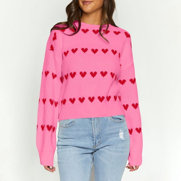 ClodeEU Womens Heart Sweater, Crew Neck Cute Ribbed Knit Sweaters, Loose Casual Pullover Tops Pink,Womens Plus L