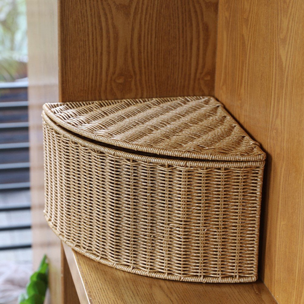 Hzzsbu Woven Rattan Corner Storage Box Triangle Storage Basket Large Capacity Corner Organizer Bin Corner Laundry Hamper for Home