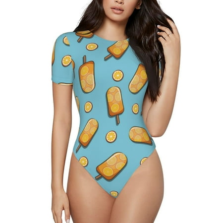 The Xecao Lemon Ice Cream Women s Crew Neck Body Suit  a short-sleeved bodysuit and basic swimsuit  both comfort and style for dating and daily life