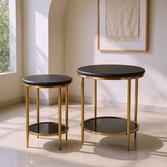 Koper Coffee Table Set (2-Piece) Black Coffee Table, Modern Style, Natural Marble round shape tabletop, MDF, Indoor Living