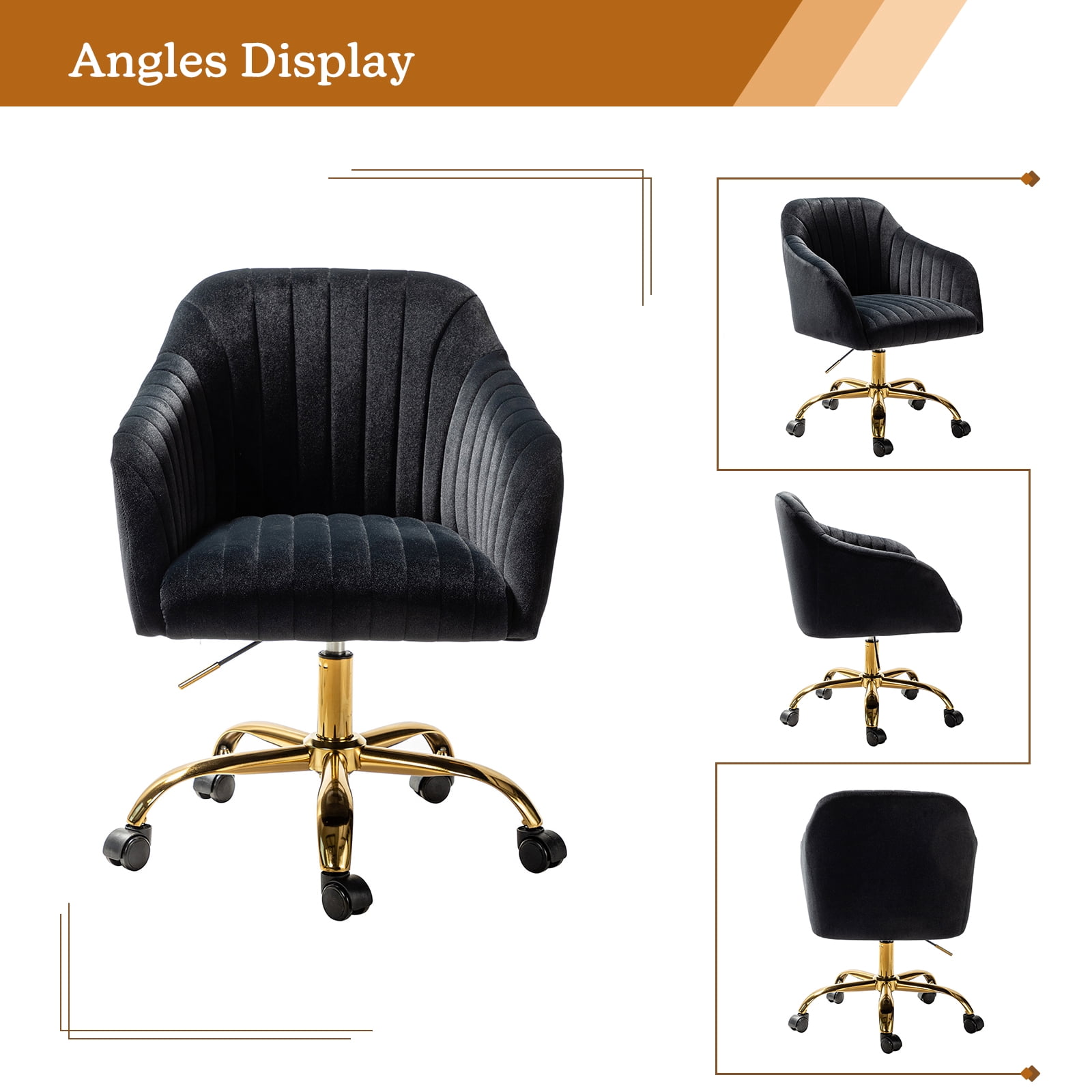 Velvet Office Desk Chair Rolling Vanity Armchair Swivel Adjustable Adult Bedroom Black