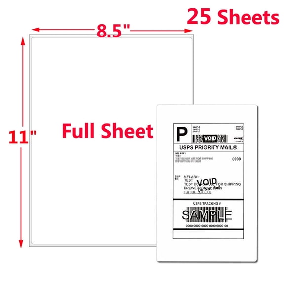 MFLABEL-25 Pack Full Sheet Shipping Labels, 8.5''x11'' Self Adhesive Blank Paper, for Laser&Inkjet Printer, Matte White