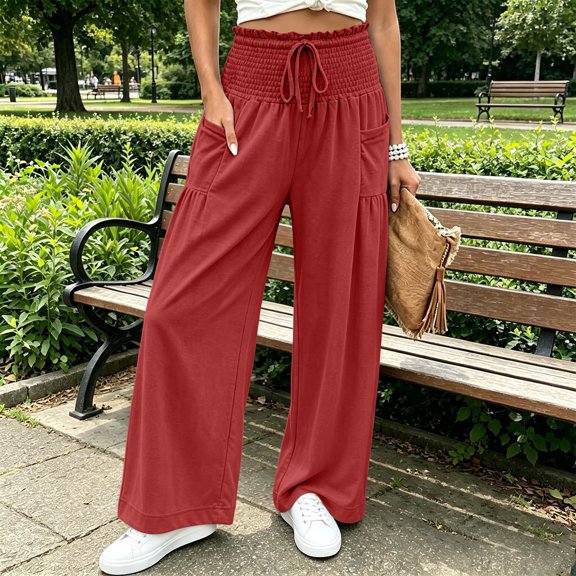 CQONEPT Smocked Waist Pants for Women Wide Leg Fall Casual Lounge Pant High Waisted Palazzo Ruffle Full Length Soft Trousers with Pocket Red XL
