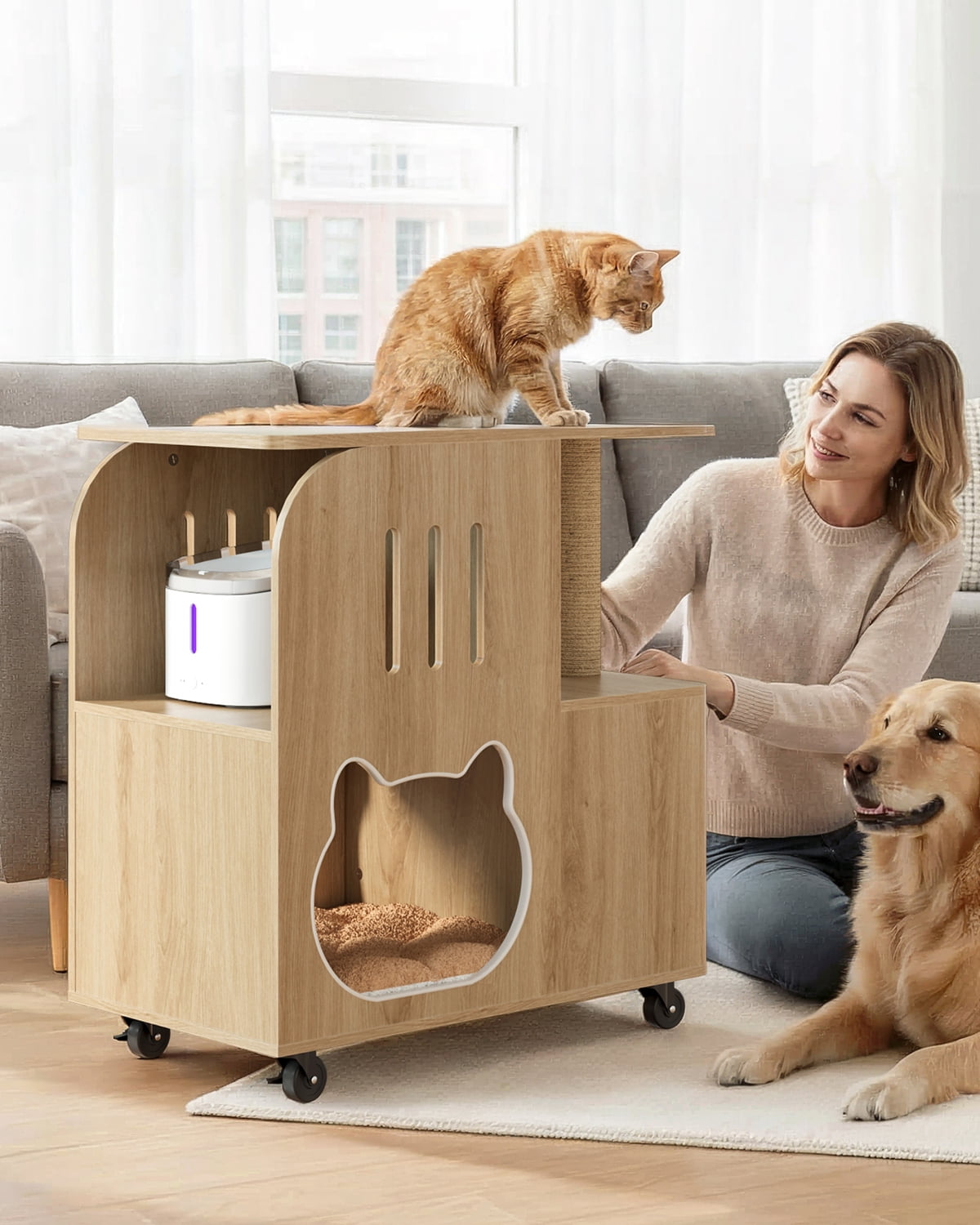 Dog Proof Cat Feeding Station with Bowls, Moving Wheels Cat Food Table, Cat Bed Window Perch with Vertical Scratcher and Mat