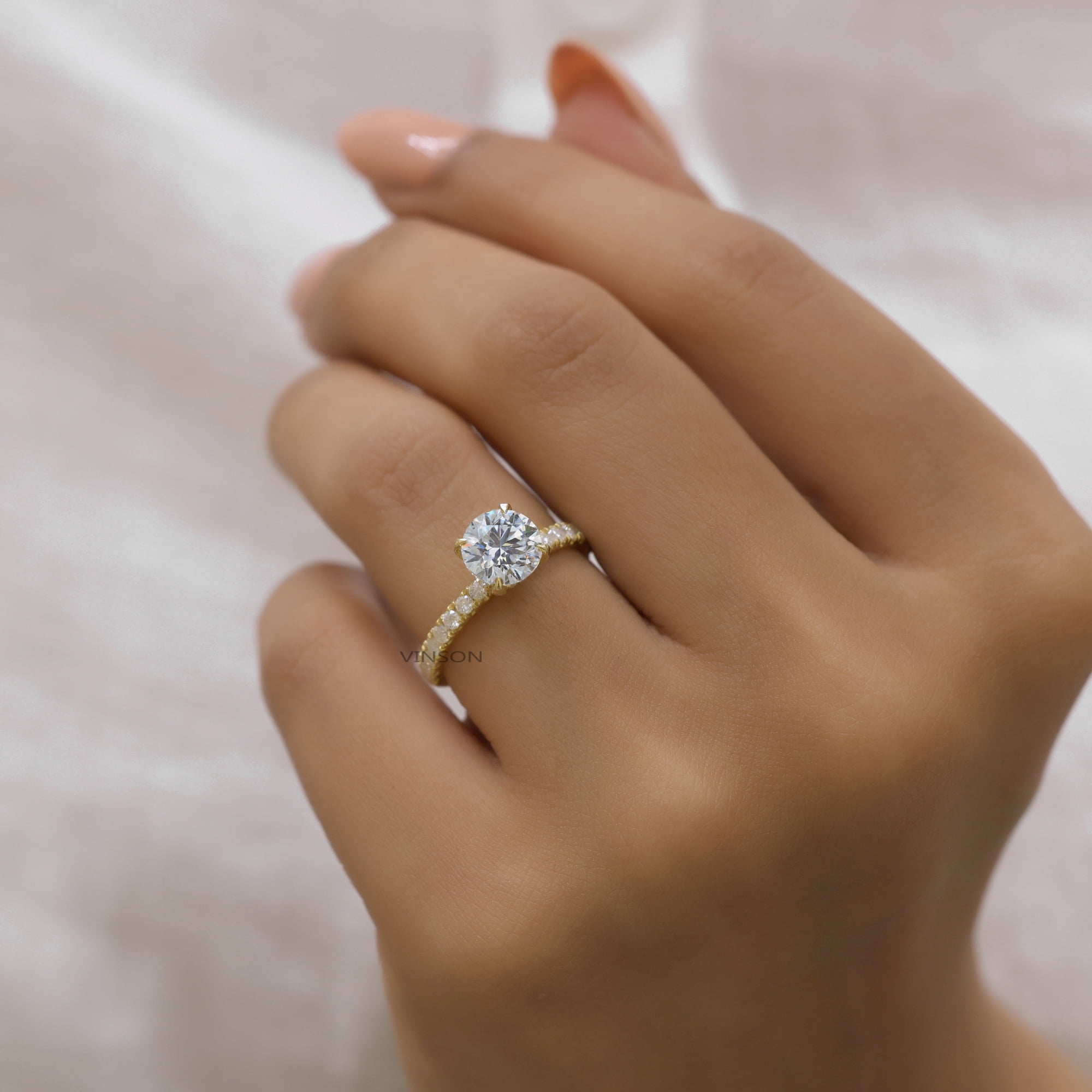 VINSON 2 Ct Round Moissanite Engagement Ring - Hidden Halo Diamond Ring - Wedding Gift Ring for Women