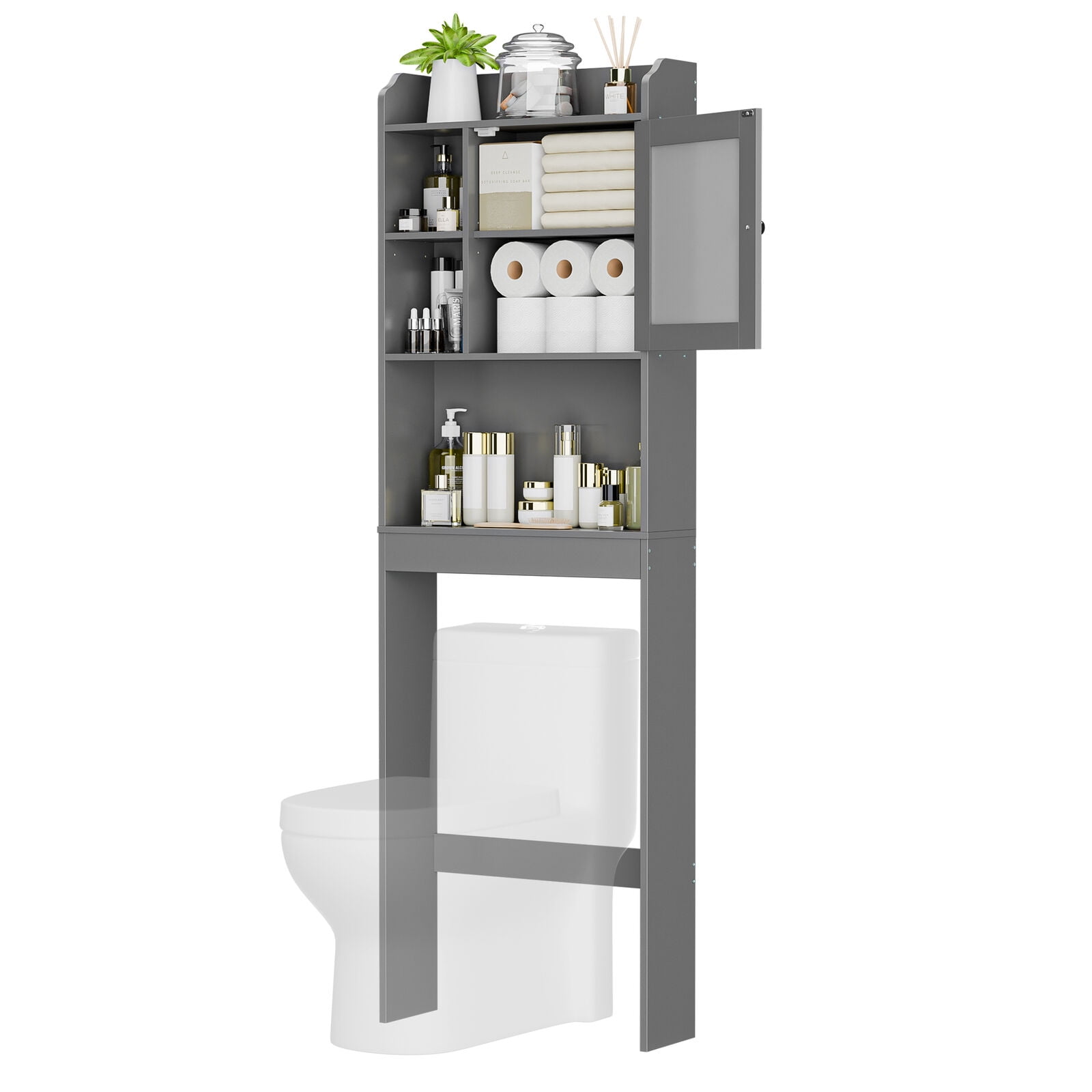 Favory Over The Toilet Cabinet, Double Door Bathroom Storage Organizer, Toilet Rack with Inner Adjustable Shelf and Open Storage Shelf,Gray