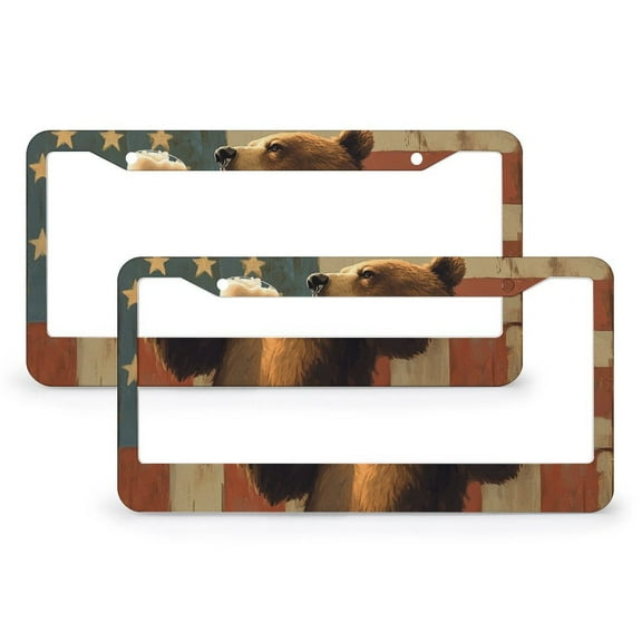2 Pcs Set Happy Camper Bear License Plate Frames American Flag Stars License Plate Frames Cover Holders Stainless Aluminum 2 Holes for Women Men US Vehicles