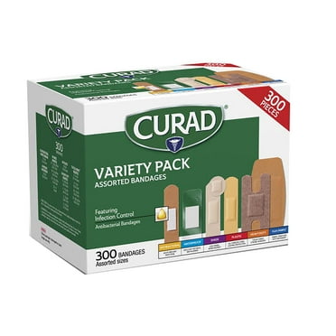 Curad Variety Pack Flexible, Waterproof & Antibacterial Adhesive Bandages, Multicolor, Assorted, 300 Count