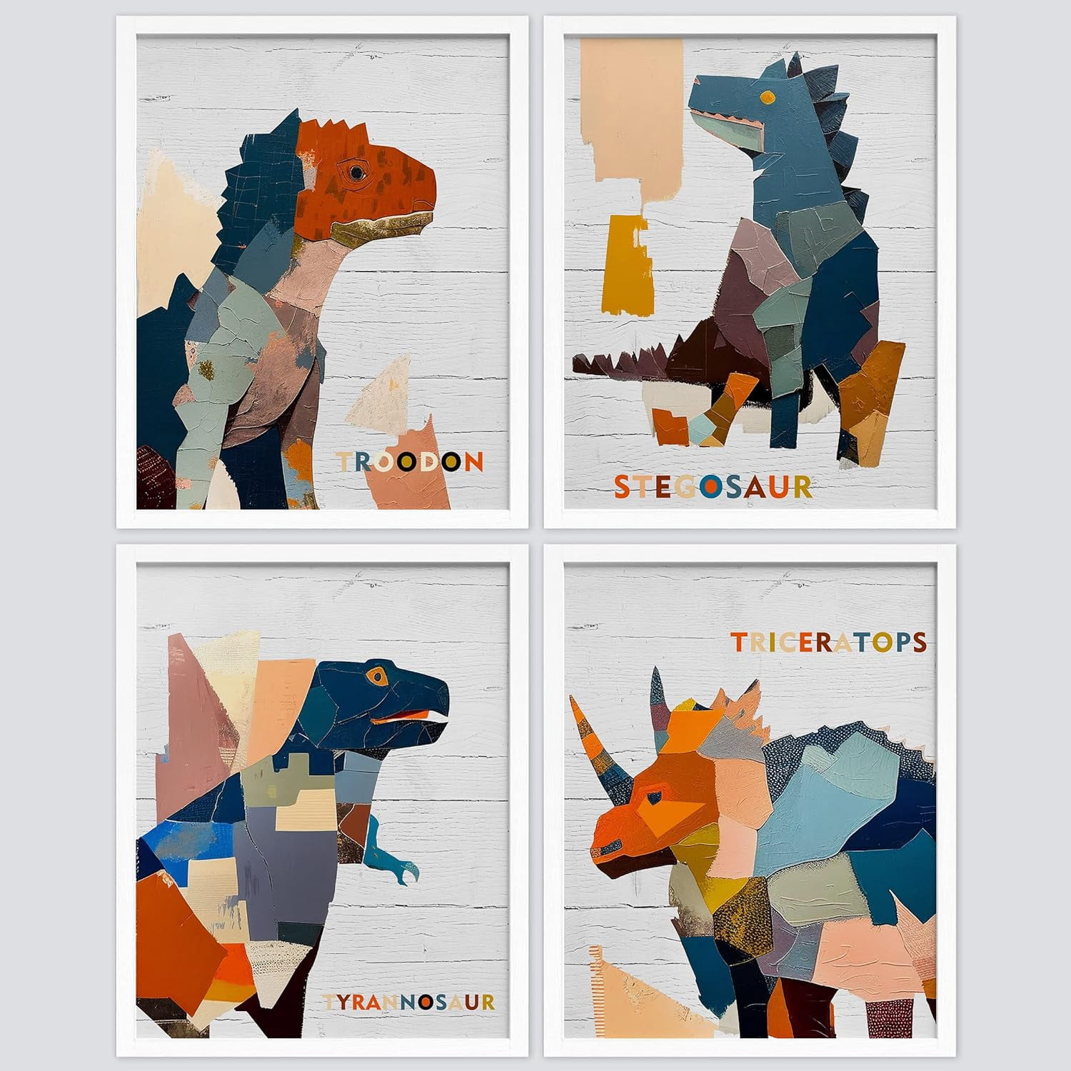 PixonSign Framed Wall Art, Colorful Dinosaur Collage Prints, Set of 4 Boy's Bedroom Illustration Wall Decor, Multicolor Contemporary Wall Décor, Modern Adhesive Canvas Posters - 11"x14" White