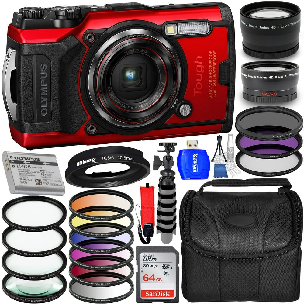 Olympus Tough TG6 Digital Camera (Red) V104210RU000 + 64GB + Filter