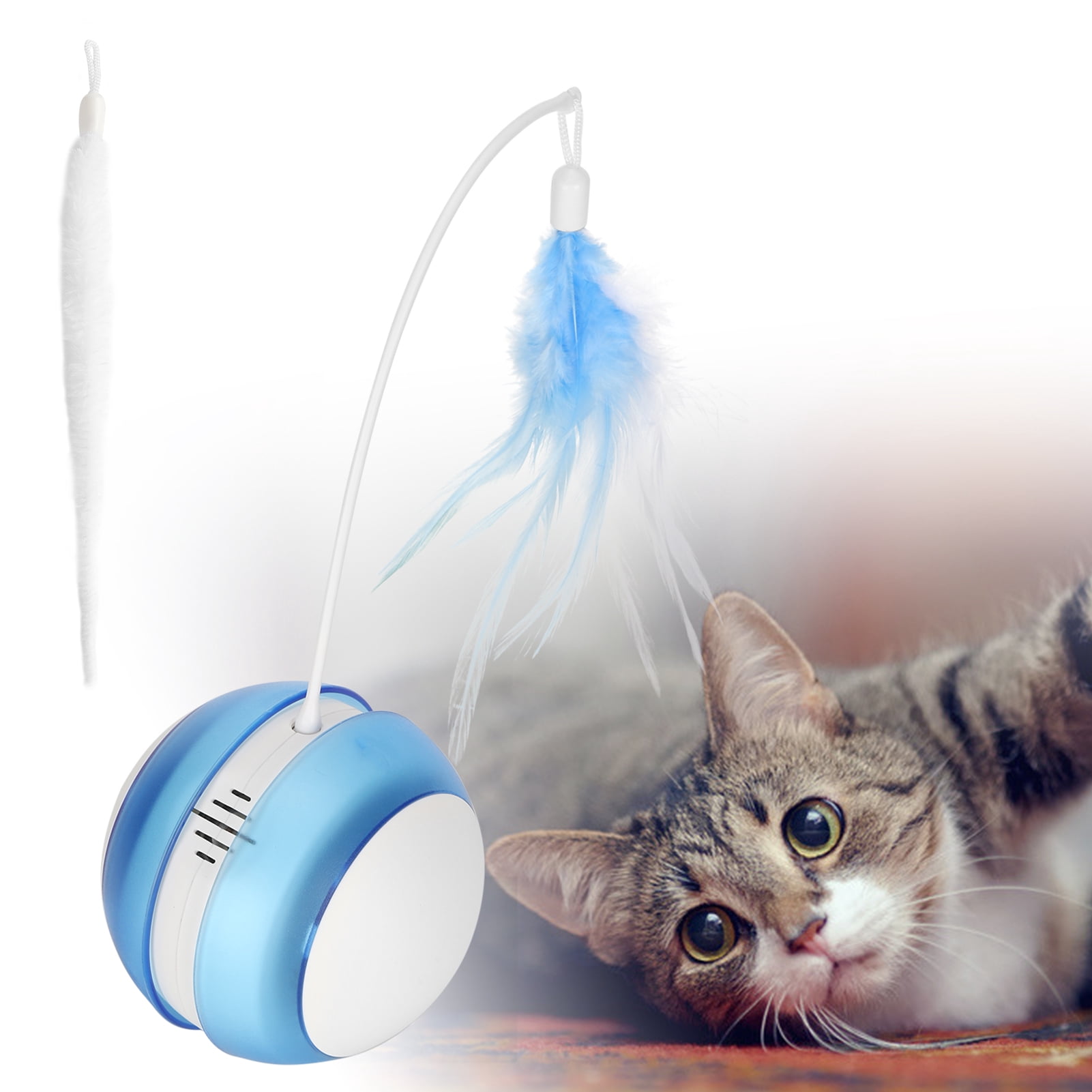 Yajisi Interactive Cat Toys USB Charging LED Tilting Sports Ball Self Rotating Cat Toys Chaser with Feather Fishing Rod Motion Activated Move Cat Ball Toys 11.81 inches / 30 cm
