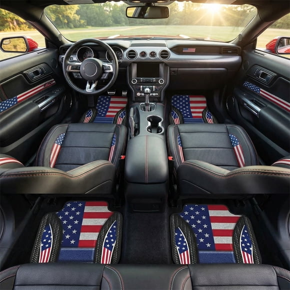 Roiihwy 4 Pcs Tapis de Sol de Voiture Patriotiques Lourds de Qualité Supérieure, Tapis de Sol de 4e of July Décor, VUS et Camions pour Accessoires Intérieurs de Voitures Garniture Universelle Adaptée