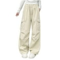 thumbnail image 2 of NAISIBABY Girls Cargo Pants, Multi-Pocket Wide Leg Drawstring Fashion Casual Pants Beige 15T, 2 of 5