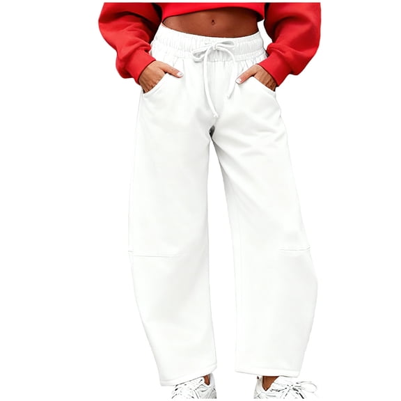 Stamzod Solid Color Barrel Sweatpants Women Plus Size Drawstring Baggy Pants with Pockets Workout Casual Pants for Women White C L