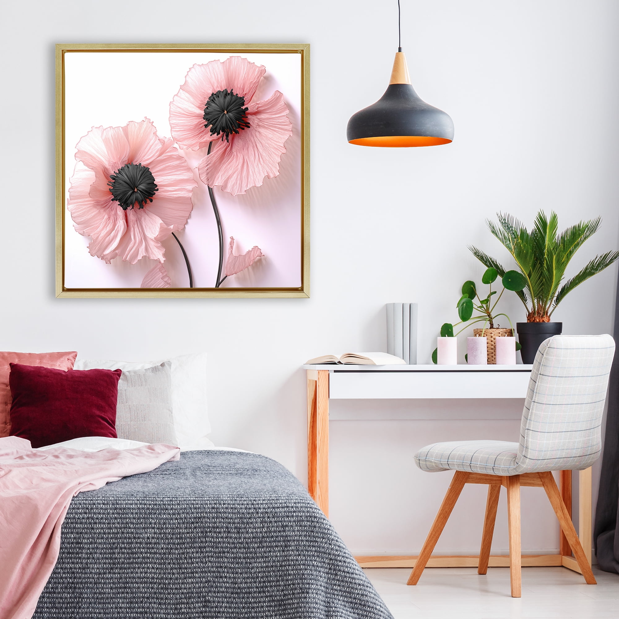 Properly Pink Poppies Gold Framed Floater Canvas Wall Art, design by Sasha