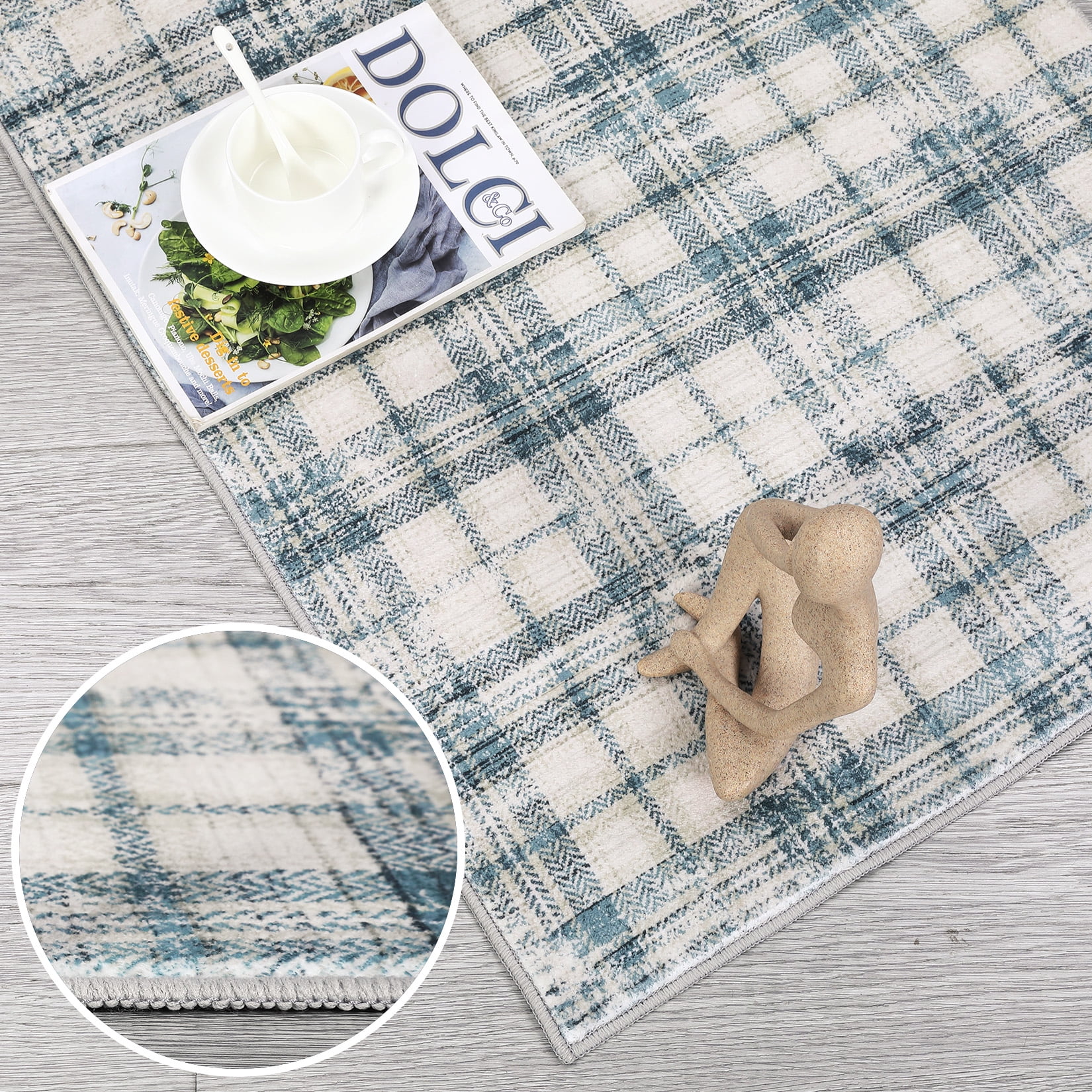 GlowSol 10'x13' Washable Area Rugs for Living Room Modern Farmhouse Plaid Rug Non-Slip Low Pile Large Rug Floor Cover, Beige/Blue