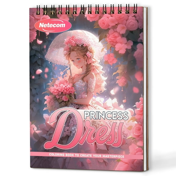 Netecom Princess Dress Coloring Book Spiral Bound For Adults, A5 Wooden Cover, 30 Beautiful Coloring Pages in Fairy Tales Gowns for Stress Relief and Relaxation