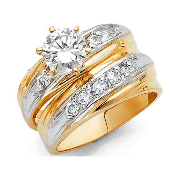 14k Two Tone Gold 1.50 ct CZ Wedding Band Ring Trio Set Bride & Groom