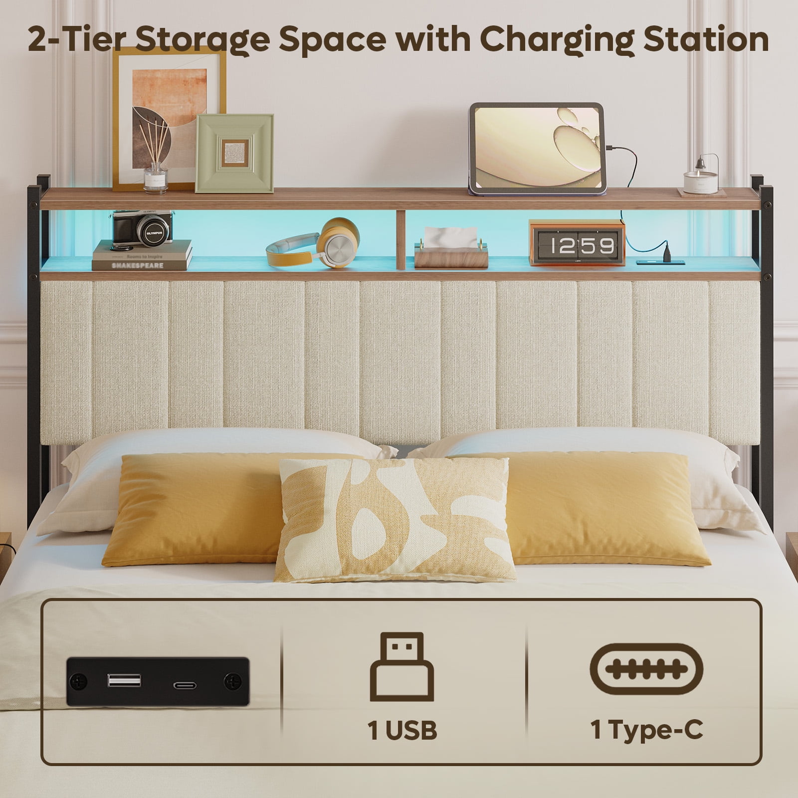 Pinmoco Headboard for Queen Size Bed with Storage, Linen Upholstered Headboard with LED & USB Charging, Beige, Headboard Only(Bed Frame Not Included)