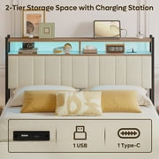 Pinmoco Headboard for Queen Size Bed with Storage, Linen Upholstered Headboard with LED & USB Charging, Beige, Headboard Only(Bed Frame Not Included)