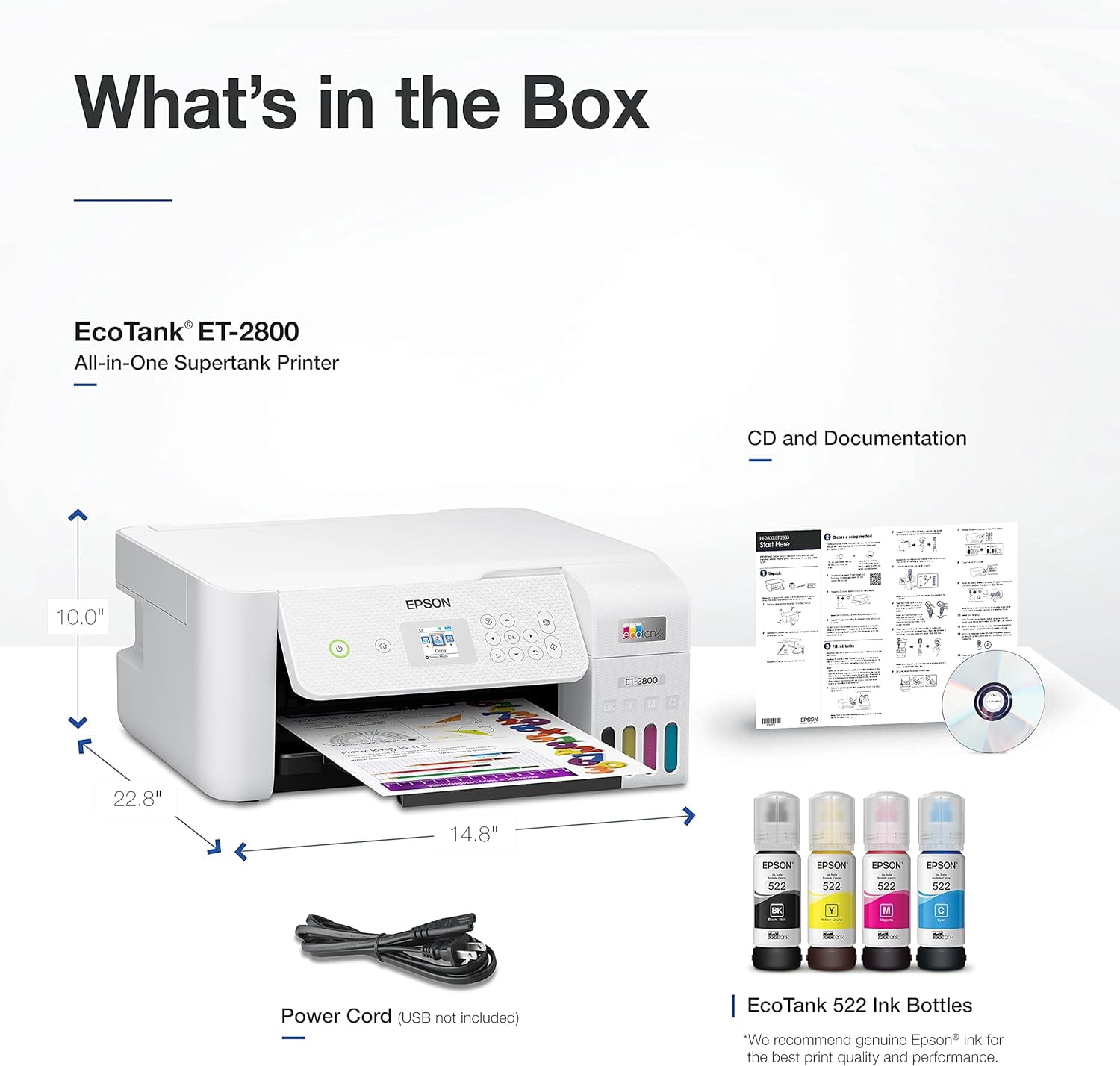 Epson EcoTank ET-2800 Wireless Color All-in-One Cartridge-Free Supertank with Scan and Copy, The Ideal Basic Home Printer - White (Sold without manufacturer warranty)