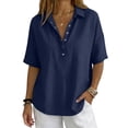 thumbnail image 4 of Dweltoz Blouses for Women Buttons Collared Short Sleeve Lightweigth Casual Work Blouses V Neck Solid Golf Tee Shirts,Navy 2XL, 4 of 7