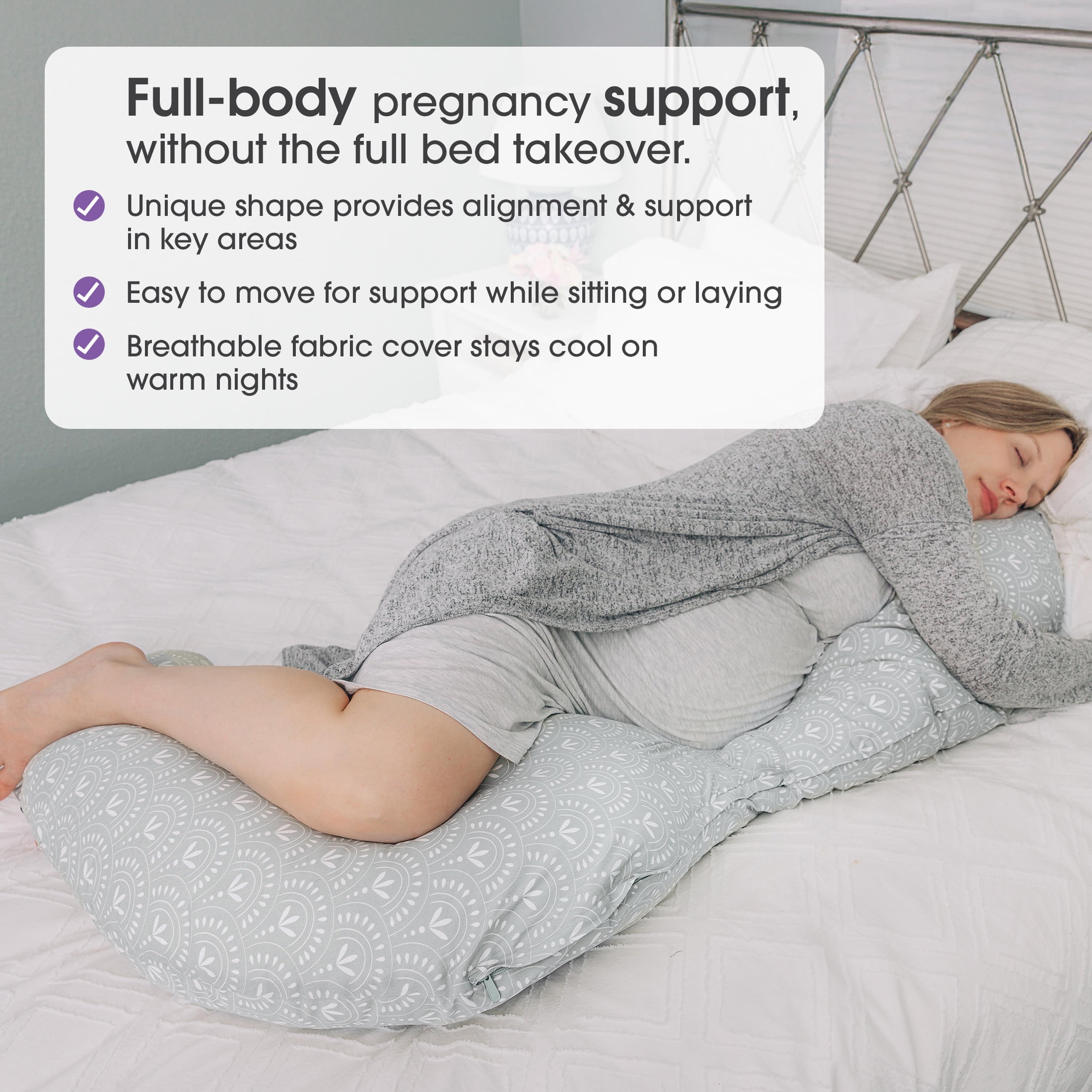 Boppy Pregnancy Body Pillow with Easy-on Removable Pillow Cover in Sage Boho Arches for Full-body Support, A Walmart Exclusive Body Pillow for Pregnancy and Postpartum Positioning