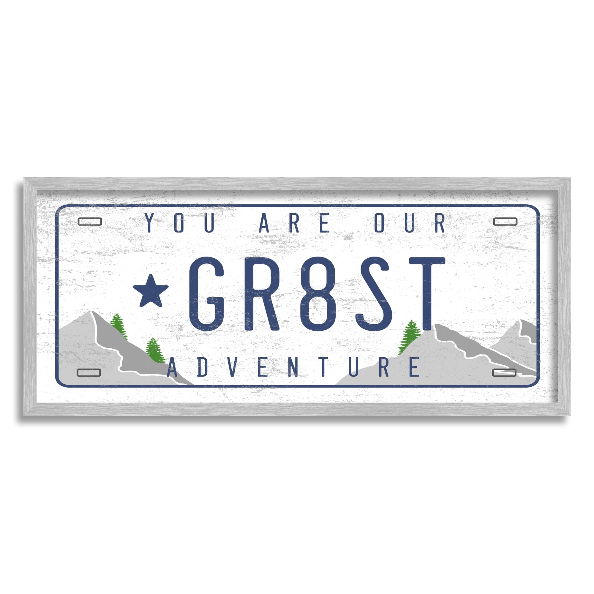 Stupell Industries Our Greatest Adventure Mountain Range License Plate Transportation Painting Black Framed Art Print Wall Art, 13 x 30