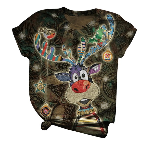 Camisas de Navidad Para Mujer Tallas Grandes Manga Corta 3D Impreso O-Cuello Tops Camiseta Blusa Odeerbi ODB205401