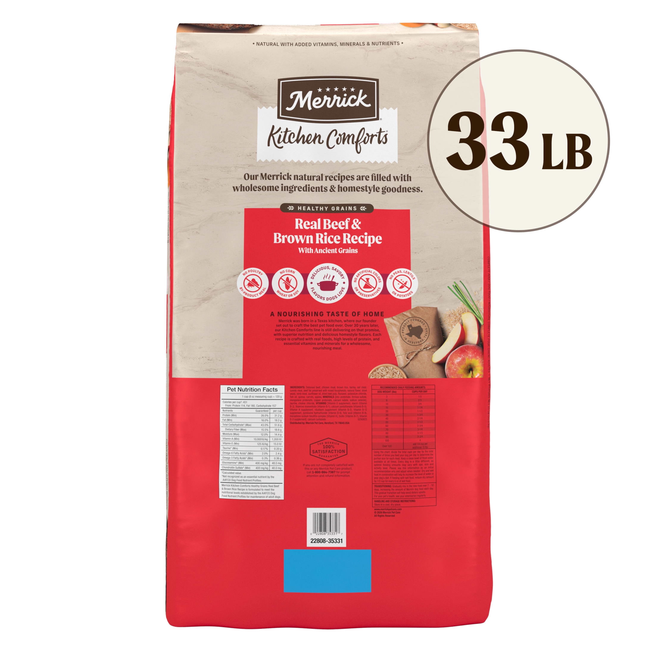 Merrick Kitchen Comforts Premium Adult Dry Dog Food with Ancient Grains, Real Deboned Beef and Brown Rice Dog Food Recipe, 33.0 lb.