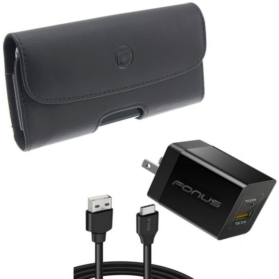 36W PD Home Charger & Case Belt Clip for iPhone 15 Pro Max - Fast Type-C 6ft Long Cable USB-C Power Cord and Leather Holster Cover Loops Z9G for iPhone 15 Pro Max (6.7")