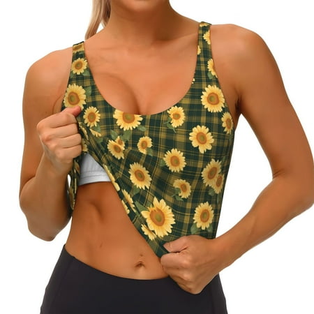 Qokaie Black Ink Green Plaid Sunflower Pattern Womens Scoop Neck Sports Bra Breathable Workout Vest Padded U Back Medium Impact Fitness Gym Yoga Bra Workout Crop Top