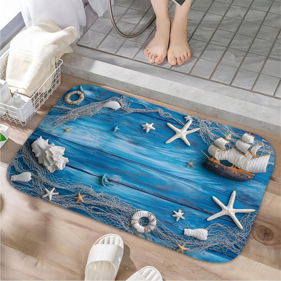 1pc Seashell and Nautical Absorbent Non-Slip Bathroom Thickened Flannel Rug Decor,Soft,Quick Drying,Suitable For Indoor/outdoor Use,Bathrooms,Bedrooms,Kitchens,Terrace,Laundry Rooms,16"x24"