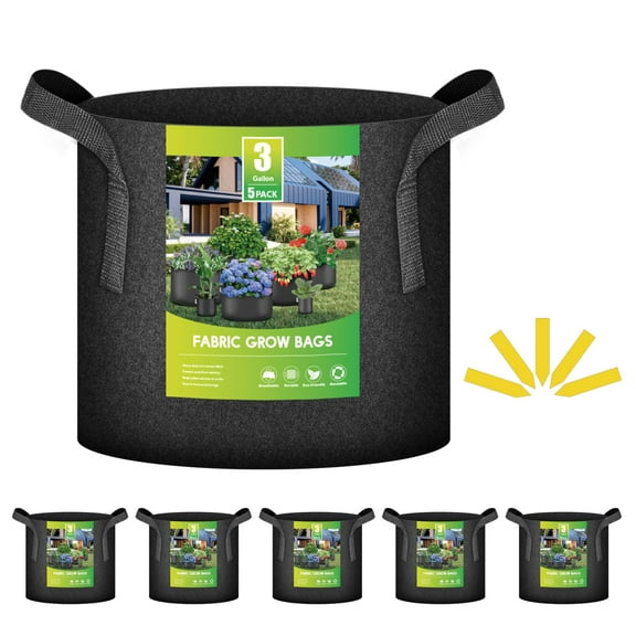 iPower 3-Gallon 5-Pack Grow Bags Fabric Aeration Pots Container with Strap Handles for Nursery Garden and Planting(Black)
