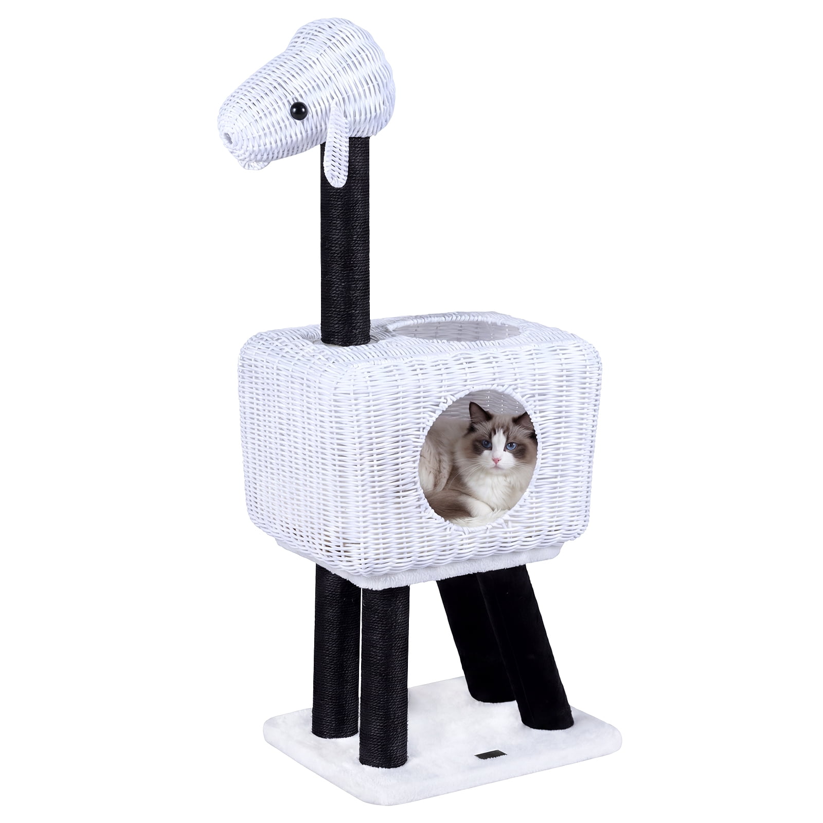 Gymax Cat Tree Lamb-Shaped Cat Tower w/ 2-Door Rattan Condo Sisal Scratching Posts