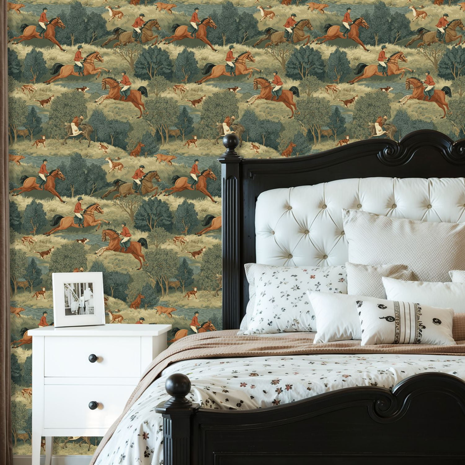 Hunt Peel and Stick Wallpaper 23.6in x 9.8ft Equestrian Chase Horses Riders Dogs Natural Landscape Contact Paper Vinyl Waterproof Self Adhesive Wall Paper for Bedroom Shelf Cabinet Renter Friendly