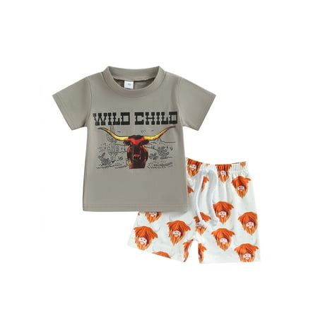 

wybzd Kids Baby Boy Clothing Western Cow Print Short Sleeve T-shirt and Shorts Summer Casual Outfits 2Pcs Set 18-24 Months